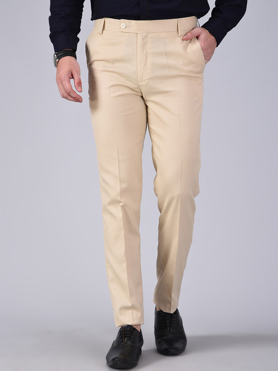AD & AV Men Cream-Coloured Classic Easy Wash Formal Trousers