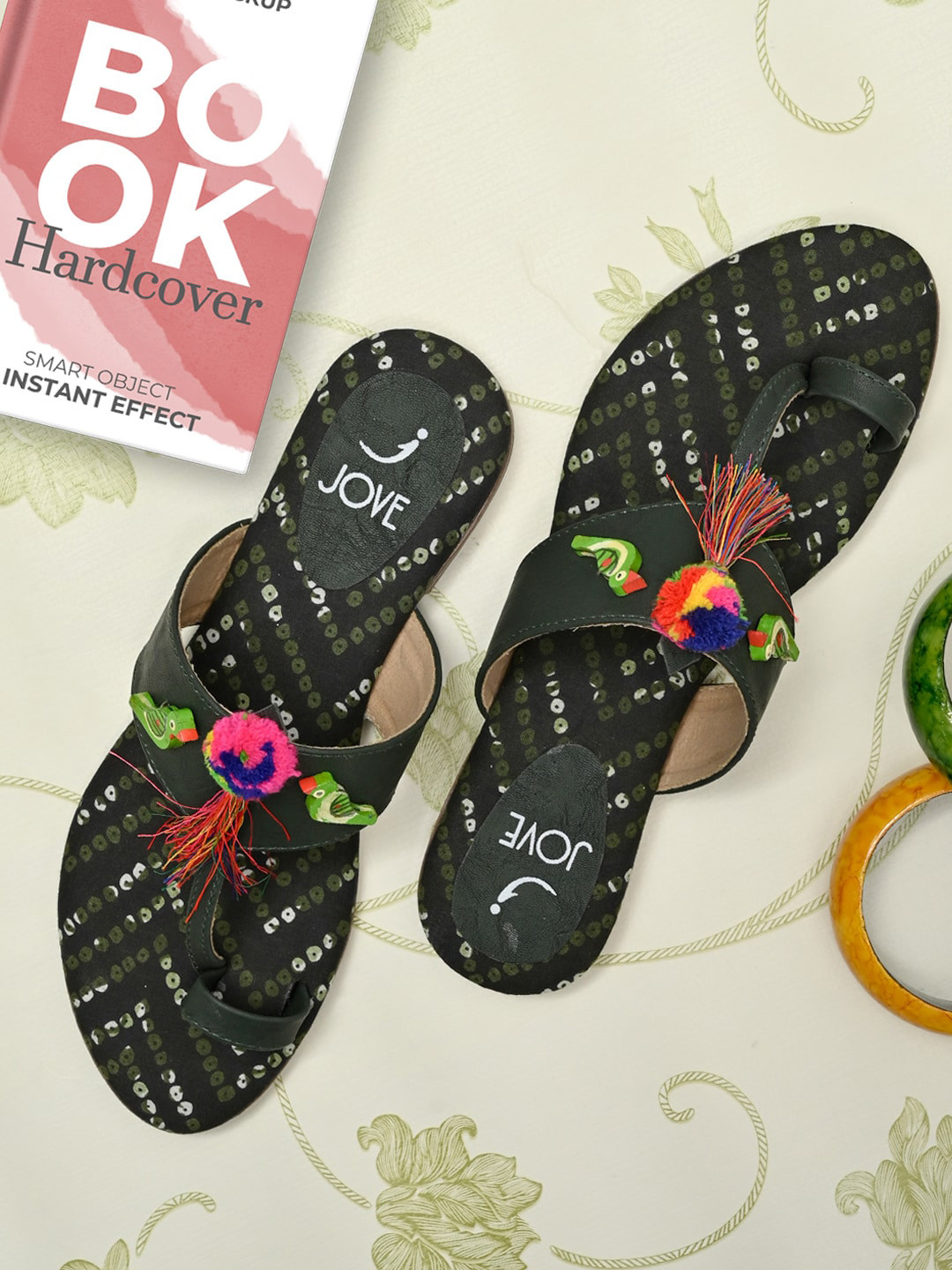 Jove Women Green Ethnic Embellished Open Toe Flats