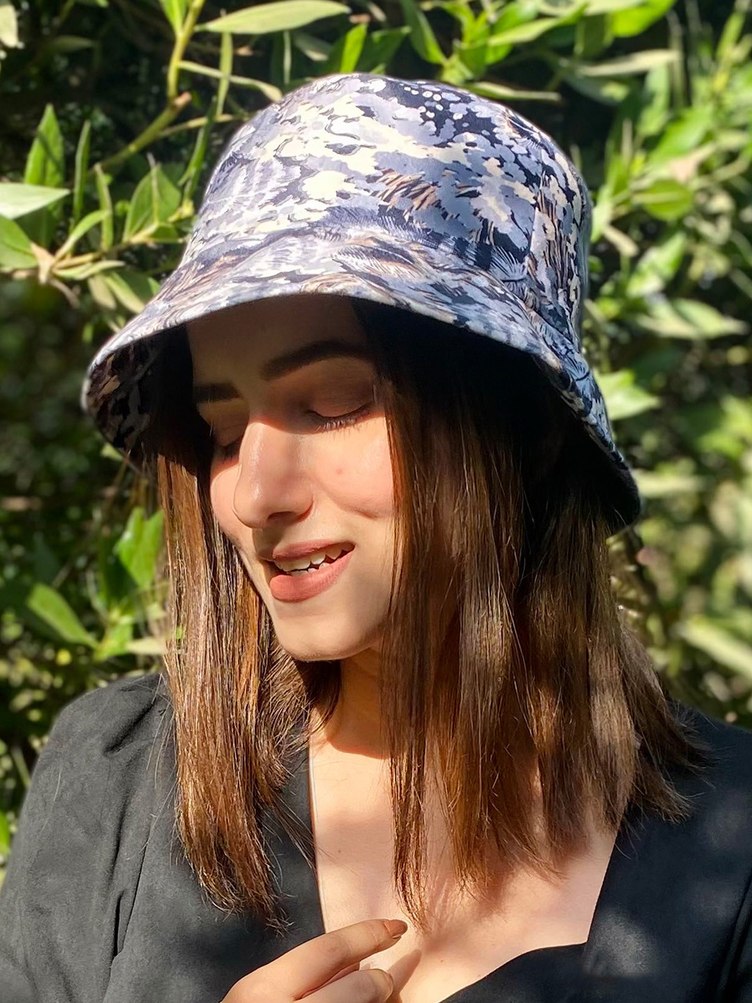 HAIR DRAMA CO. Women Grey Tropical Print Cotton Bucket Hat