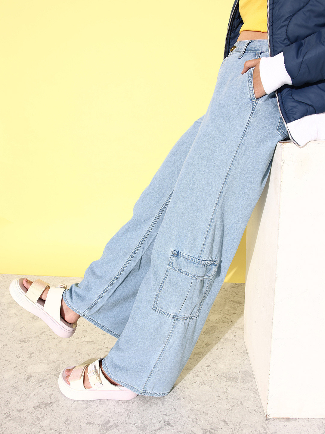 The Roadster Life Co. Women Light Blue Wide Leg High-Rise Pure Cotton Jeans