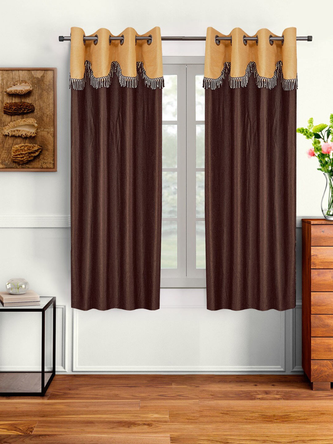 Cortina Set of 2 Brown & Beige Fancy Valance Plain Window Curtains
