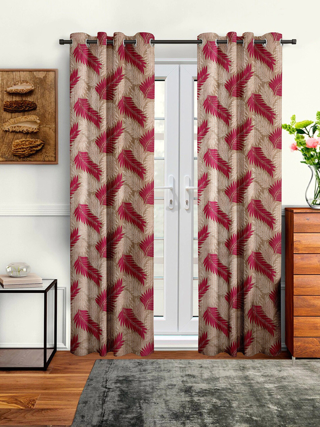Cortina Pink & Beige Set of 2 Floral Printed Long Door Curtains