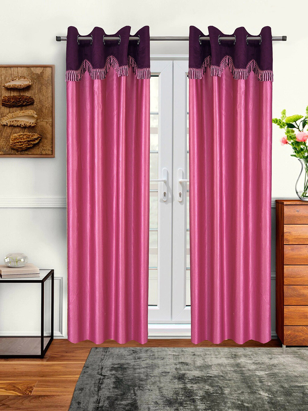 Cortina Pink & Purple Set of 2 Fancy Valance Plain Door Curtains