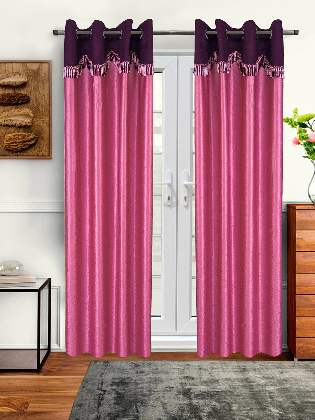 Cortina Set of 2 Pink & Purple Fancy Valance Plain Long Door Curtains
