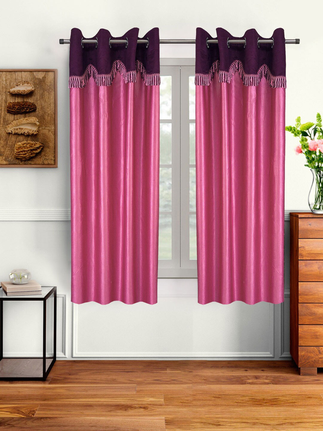 Cortina Set of 2 Pink & Purple Fancy Valance Plain Window Curtains