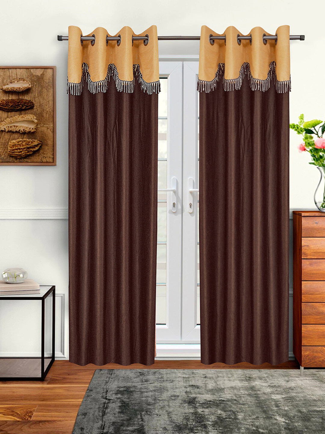 Cortina Set of 2 Brown & Beige Fancy Valance Plain Long Door Curtains