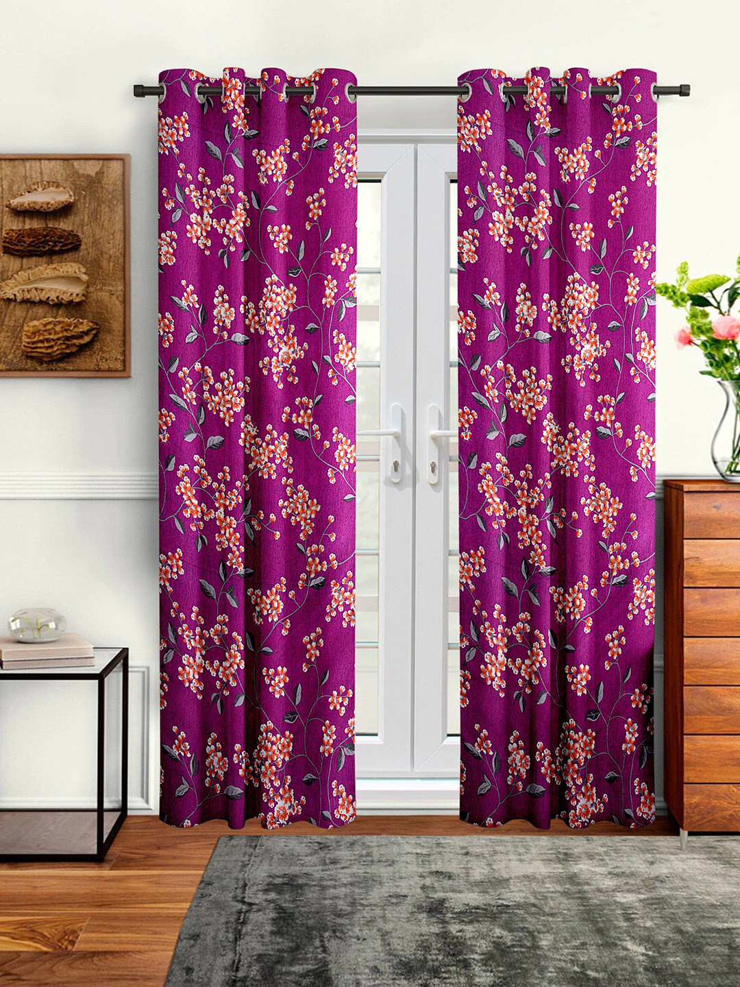 Cortina Pink & Orange Set of 2 Floral Long Door Curtains