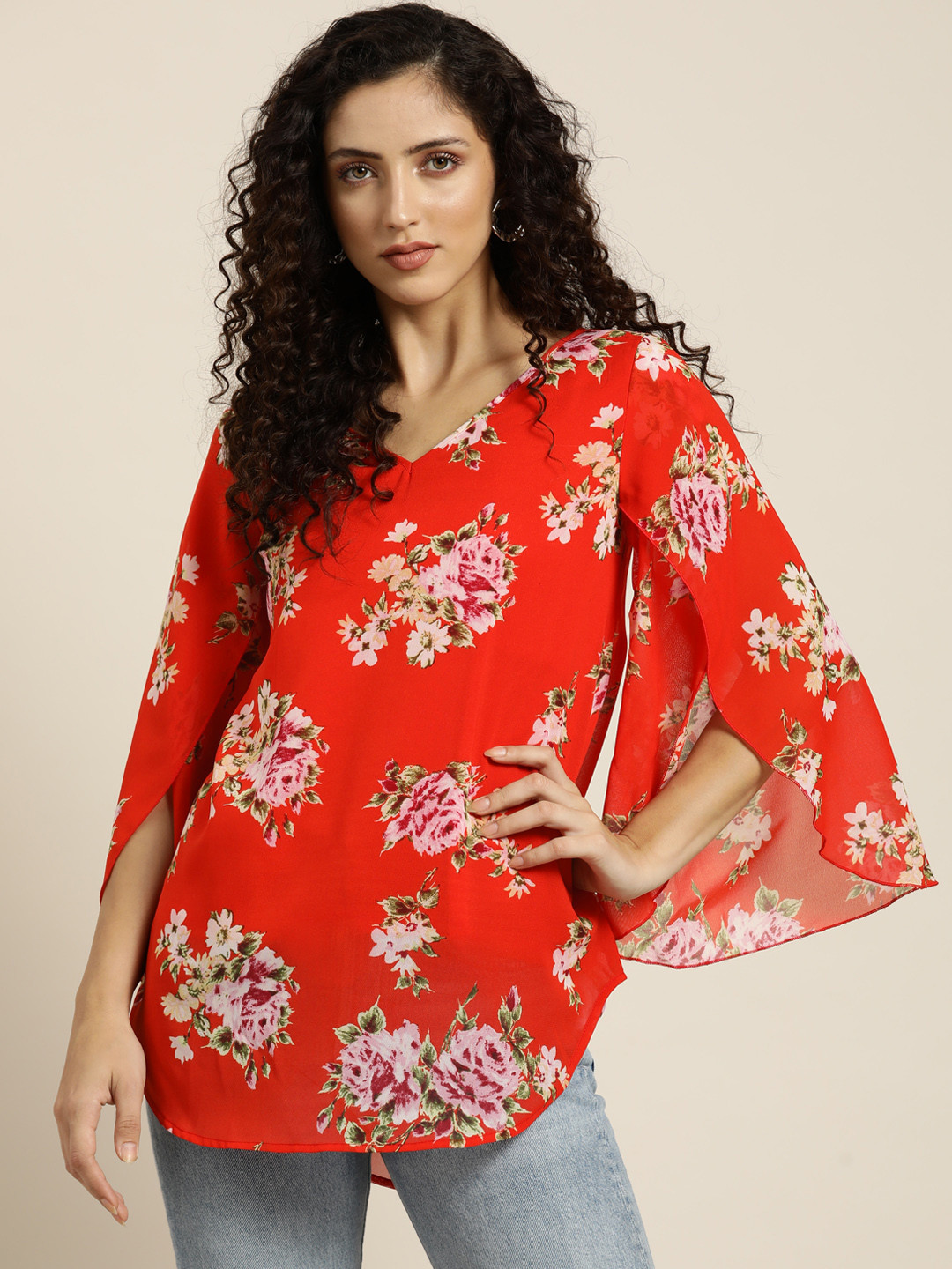 Qurvii Red & Pink Floral Print Slit Sleeves Longline Top