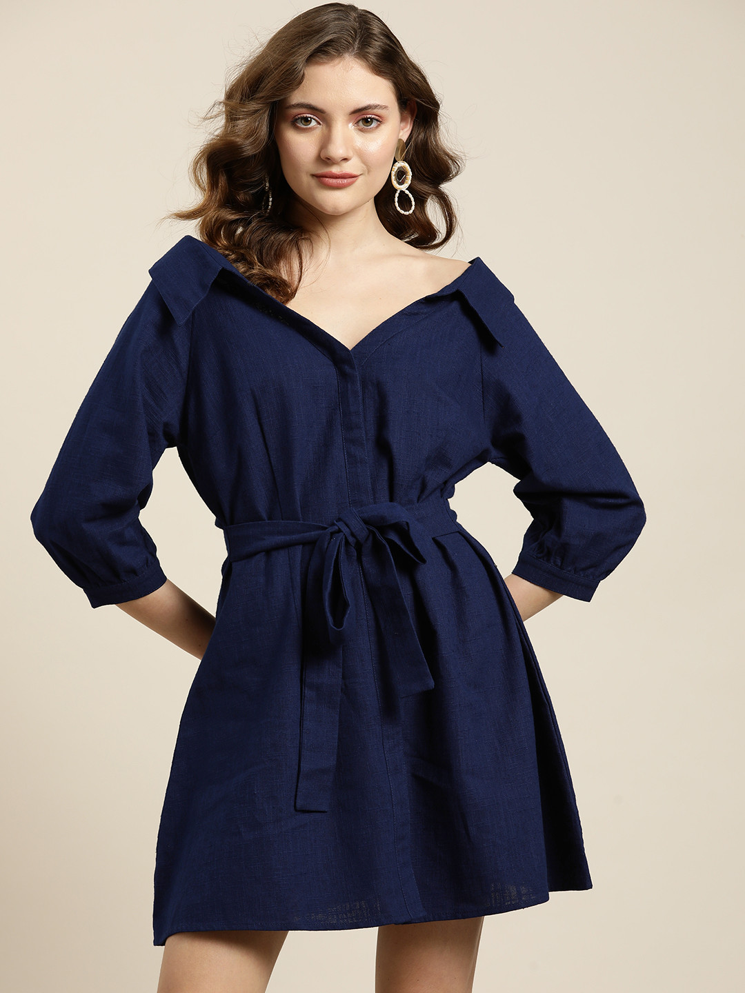 Qurvii Women Navy Blue Solid Belted Shirt Mini Dress