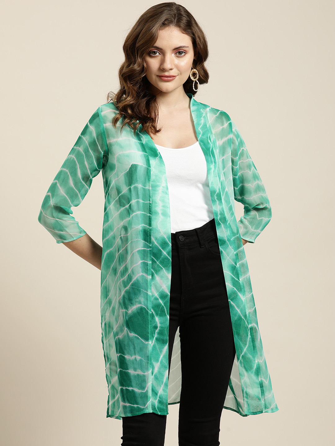 Qurvii Women Green & White Tie & Dyed Open Front Longline Shrug