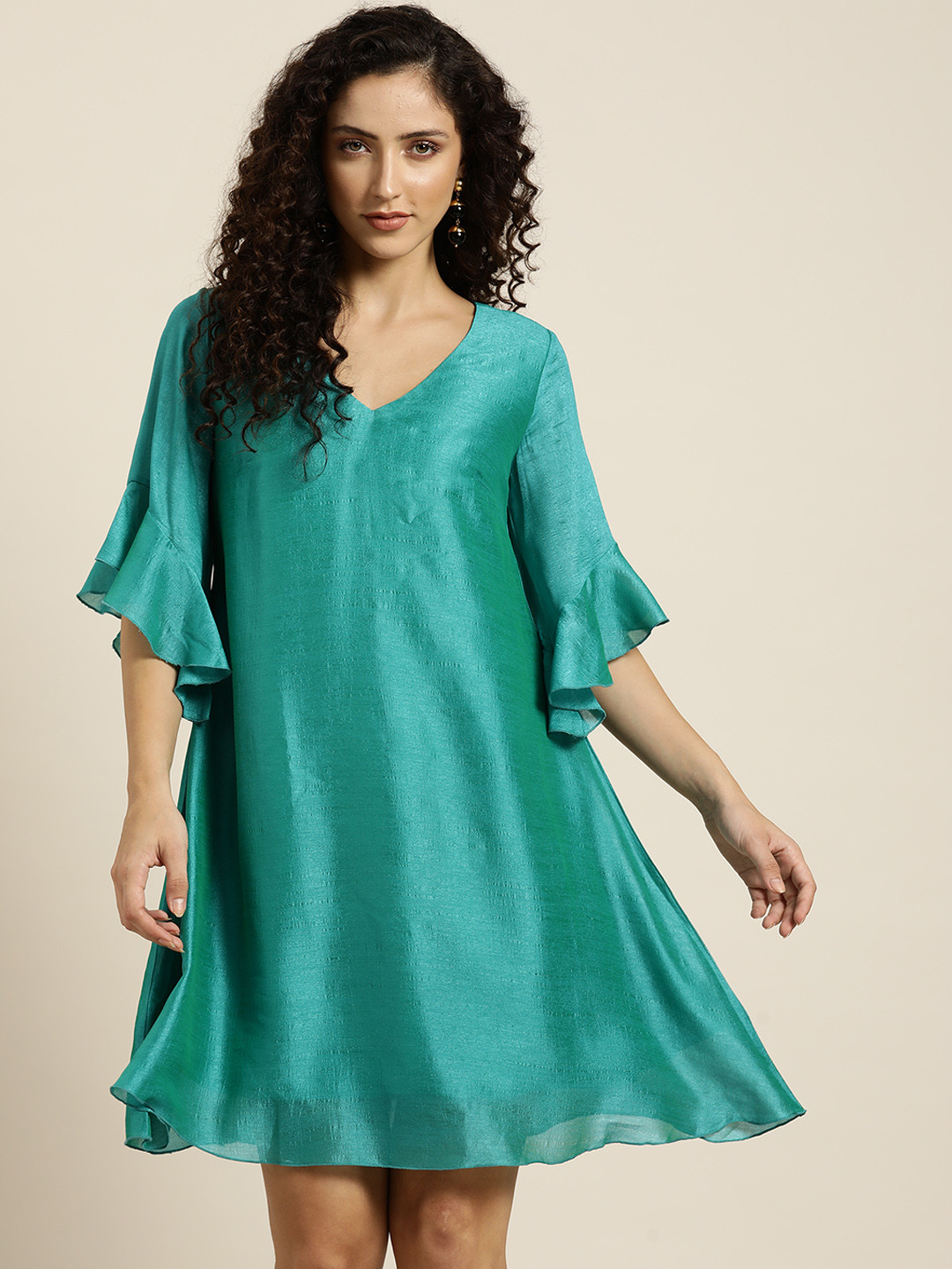 Qurvii Women Sea Green Solid V Neck Bell Sleeves A-Line Dress