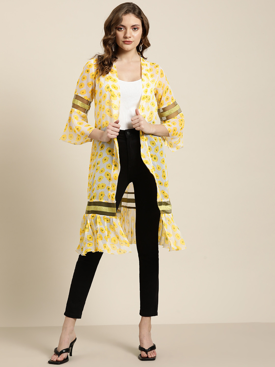 Qurvii Women Yellow & White Floral Printed Longline Shrug