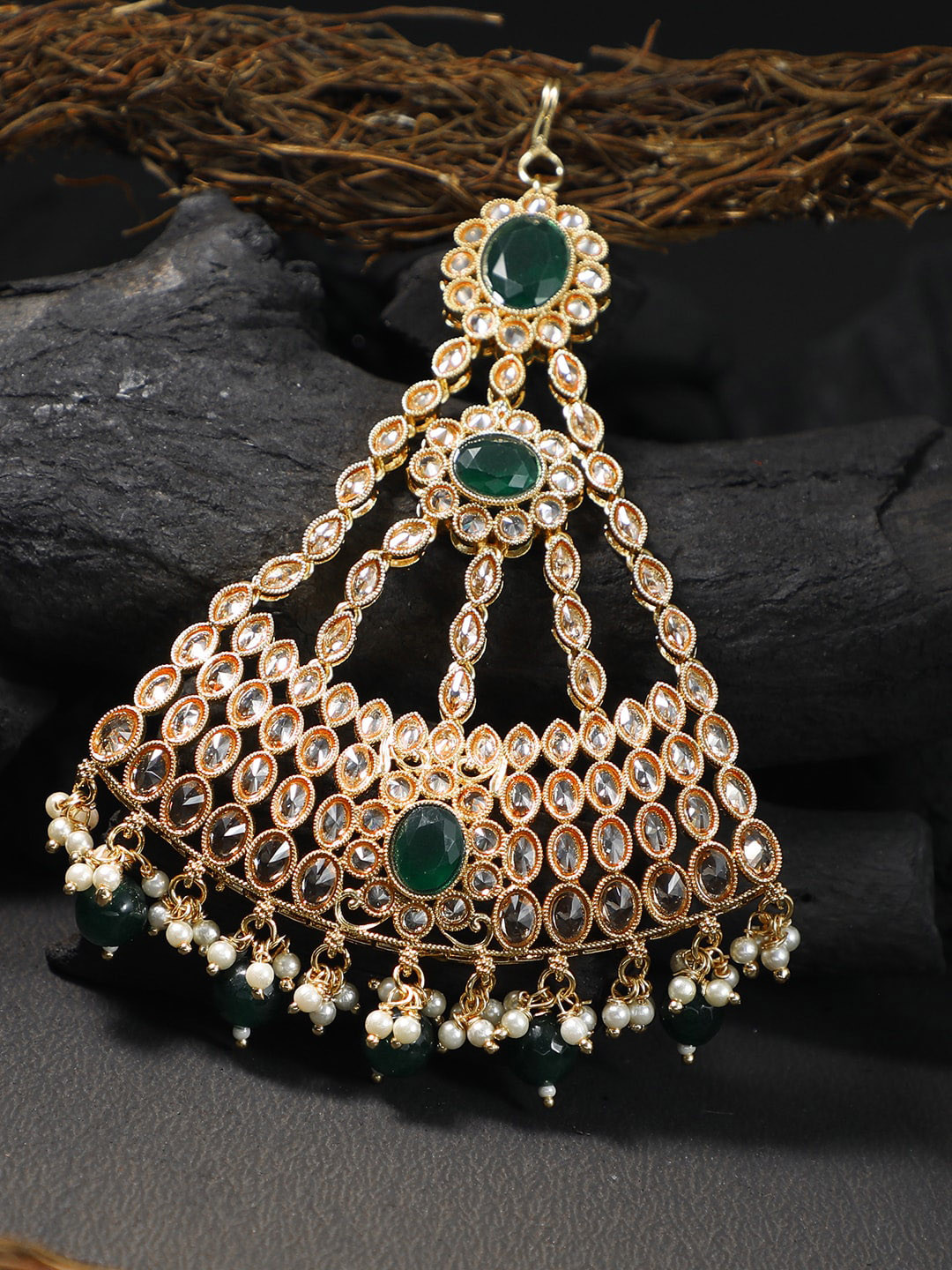Adwitiya Collection Gold-Plated & Green Stone-Studded Jhumar Passa