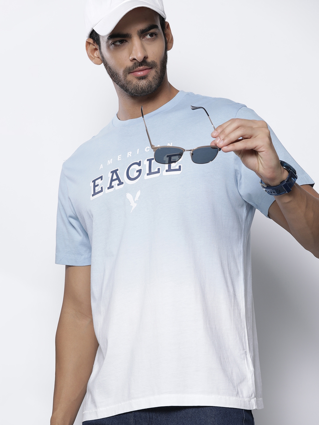 AMERICAN EAGLE OUTFITTERS Men Blue & White Brand Logo Pure Cotton Standard  Fit T-shirt