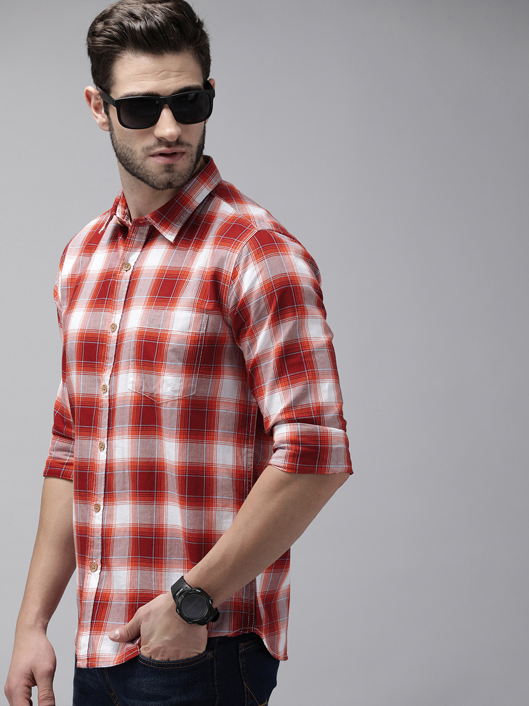 Pepe Jeans Men Orange & Maroon Tartan Checks Pure Cotton Casual Shirt