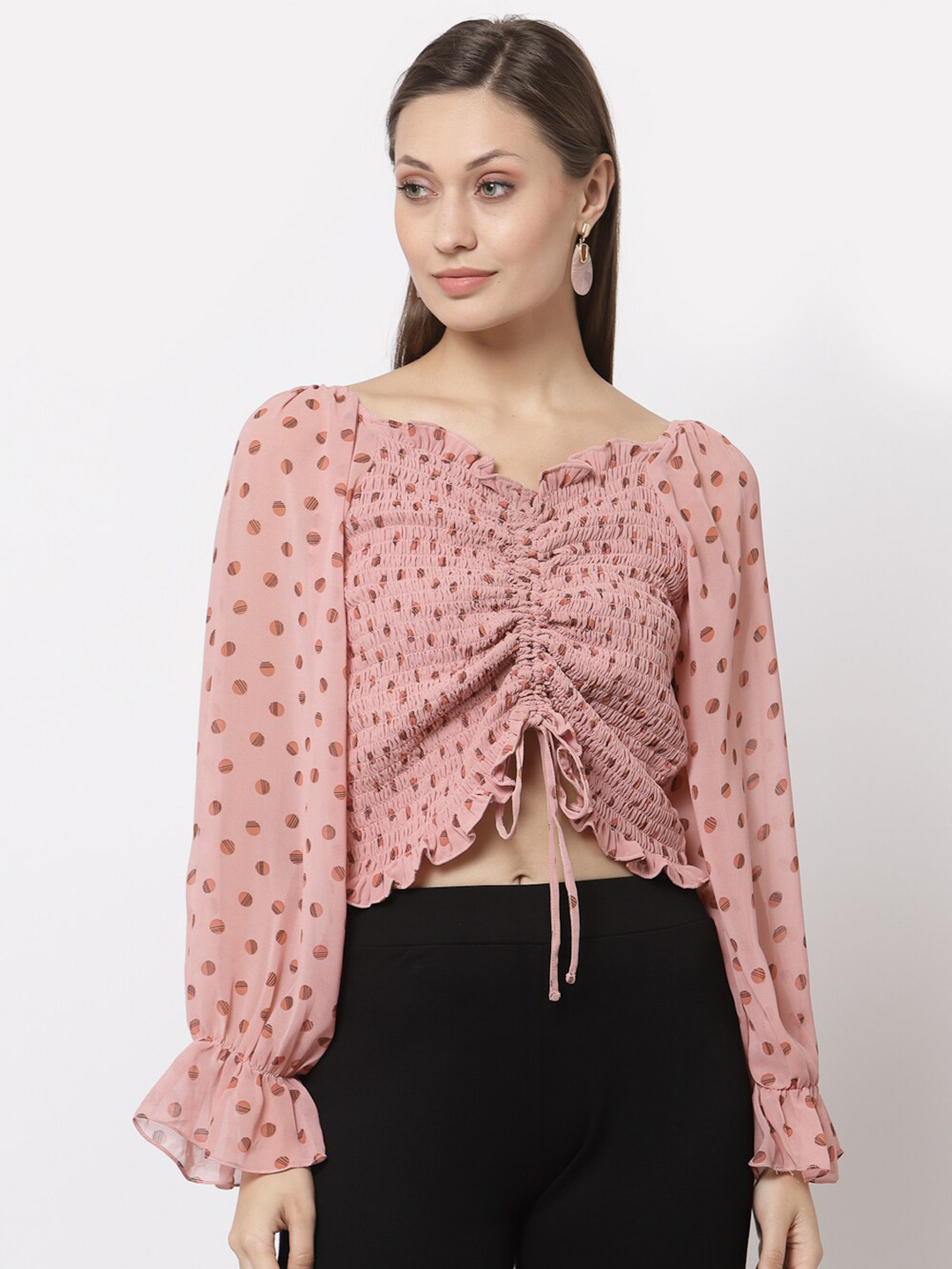 Gipsy Women Pink Geometric Print Sweetheart Neck Georgette Crop Top