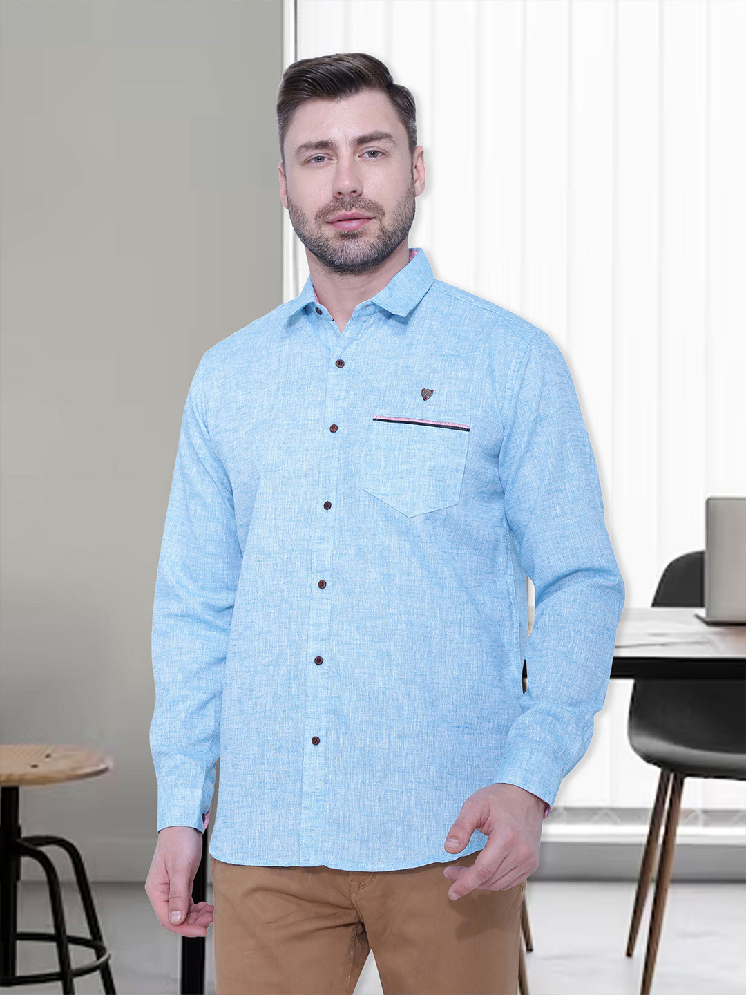 Kuons Avenue Men Turquoise Blue Smart Slim Fit Linen Casual Shirt