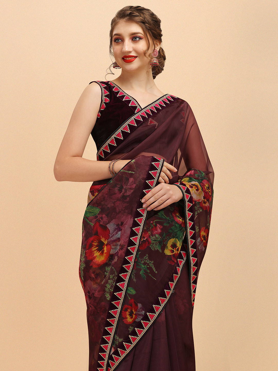 Sangria Burgundy & Red Floral Printed Sequinned Organza Saree