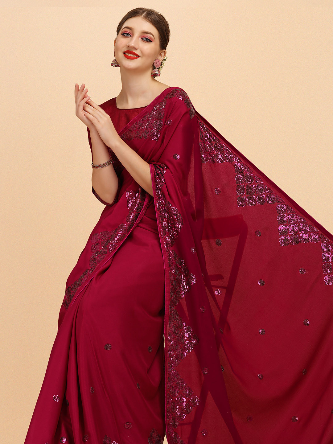 Sangria Burgundy Embellished Sequinned Silk Blend Heavy Work Saree