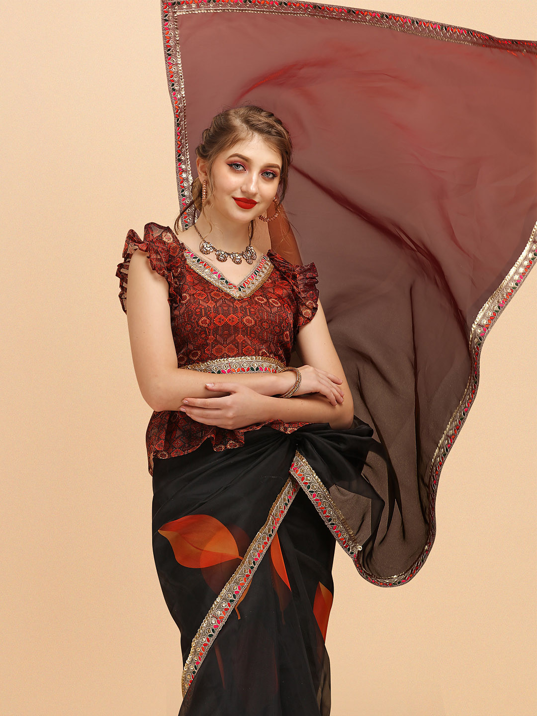 Sangria Black & Maroon Embellished Embroidered Organza Saree