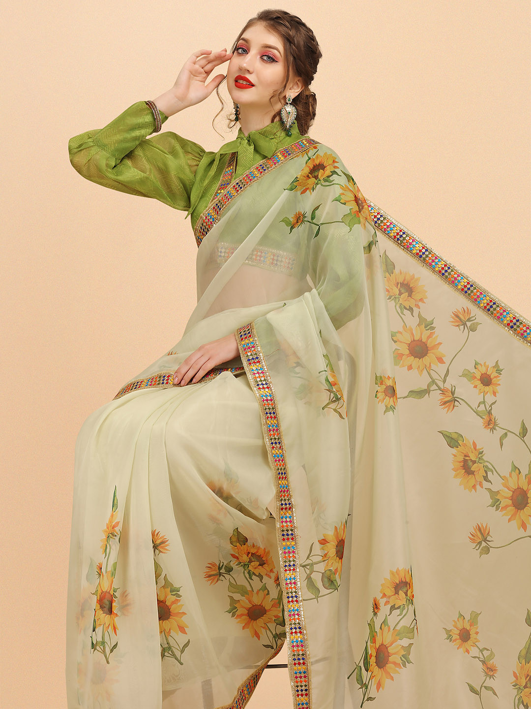 Sangria Sage Green & Yellow Floral Organza Saree