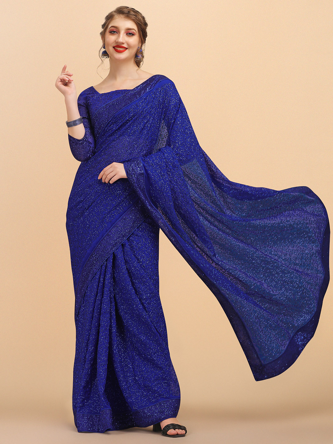 Sangria Blue Embellished Sequinned Pure Georgette Saree