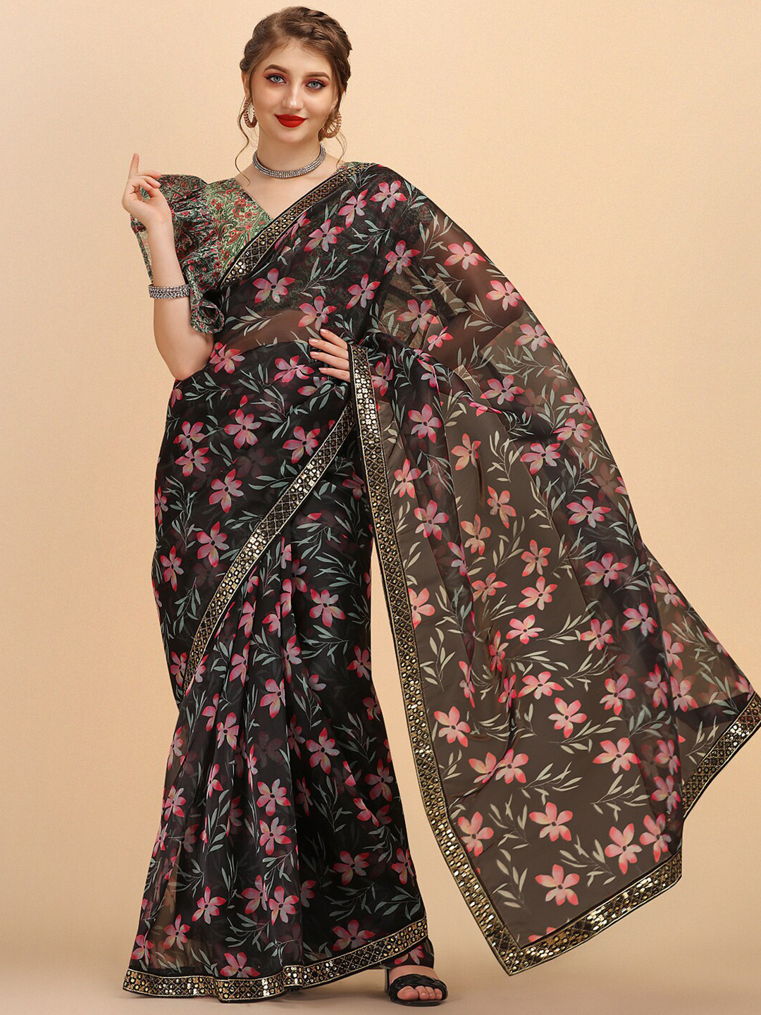 Sangria Black & Pink Floral Mirror Work Organza Saree