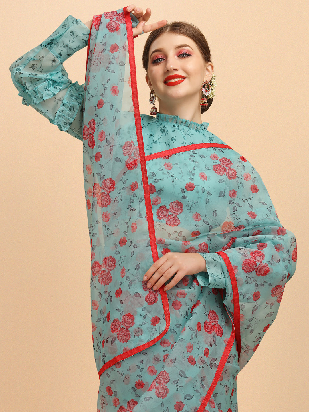 Sangria Sea Green & Red Floral Printed Organza Saree