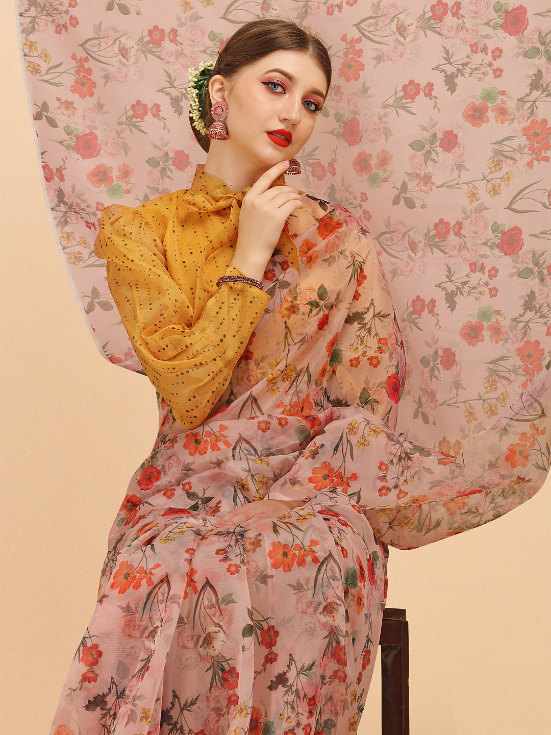 Sangria Pink & Yellow Floral Organza Saree
