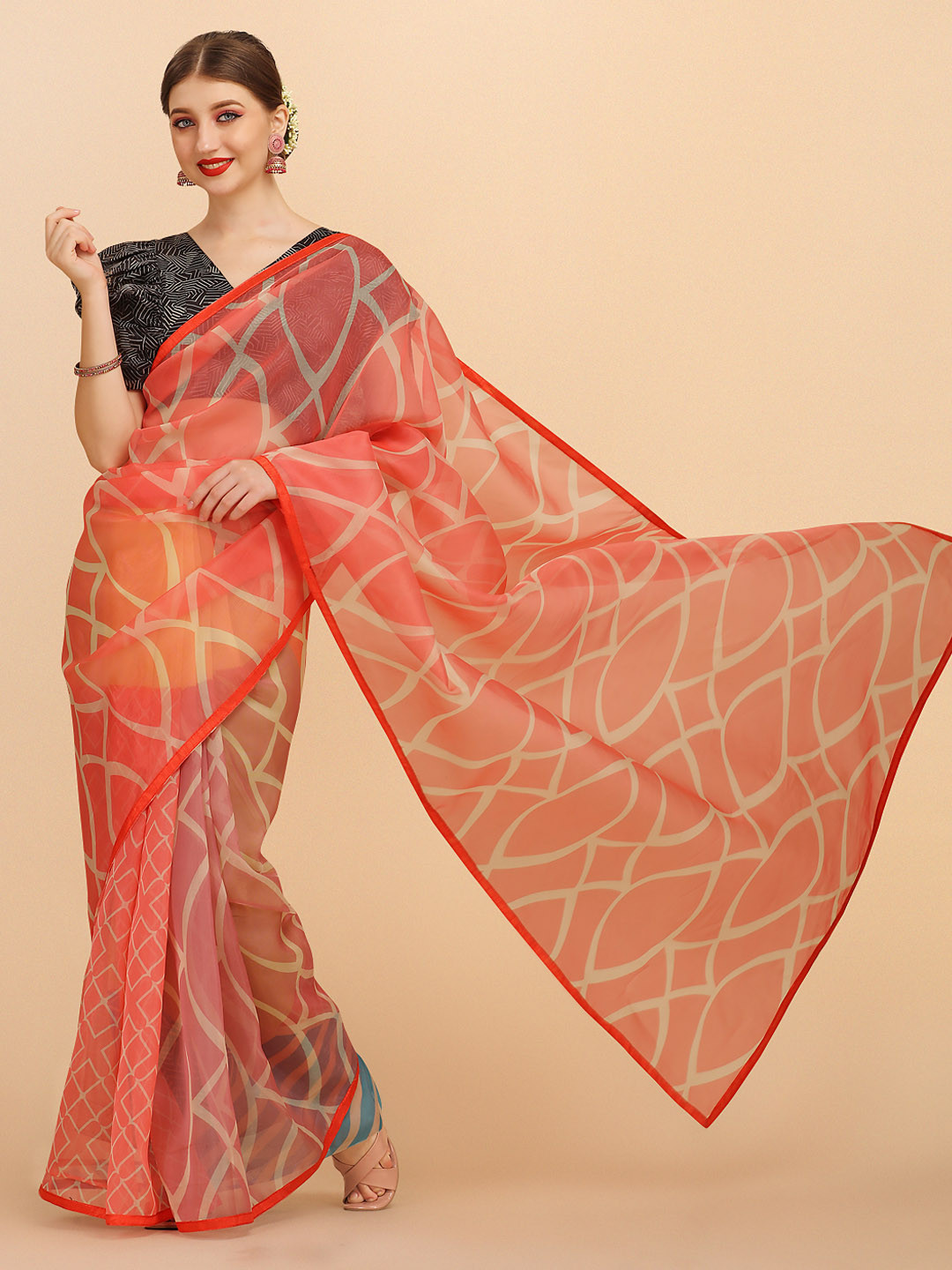 Sangria Pink and Yellow Abstract Printed Organza Saree