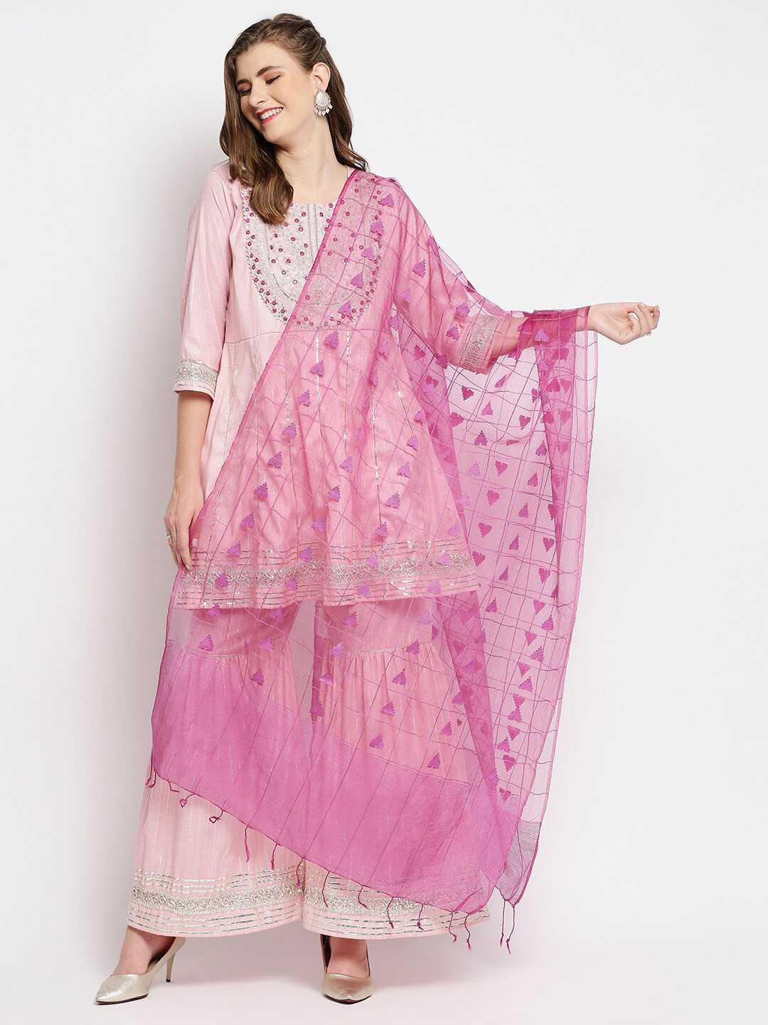 Dupatta Bazaar Purple Checkered  Woven Design Organza Dupatta