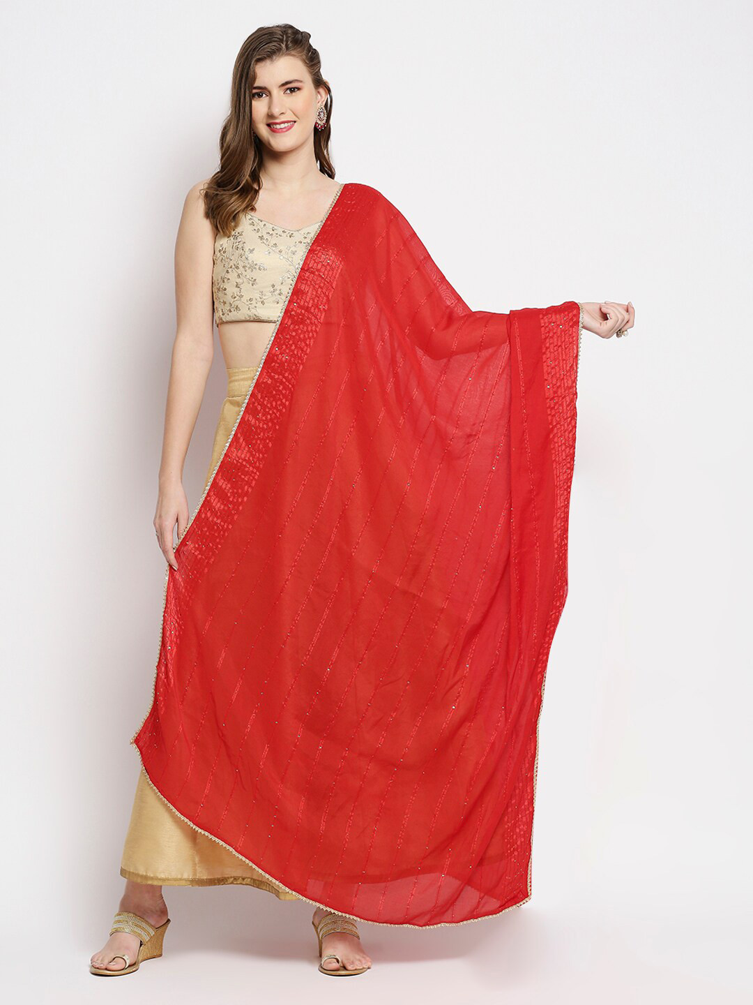 Dupatta Bazaar Red Embroidered Chanderi Dupatta with Sequinned