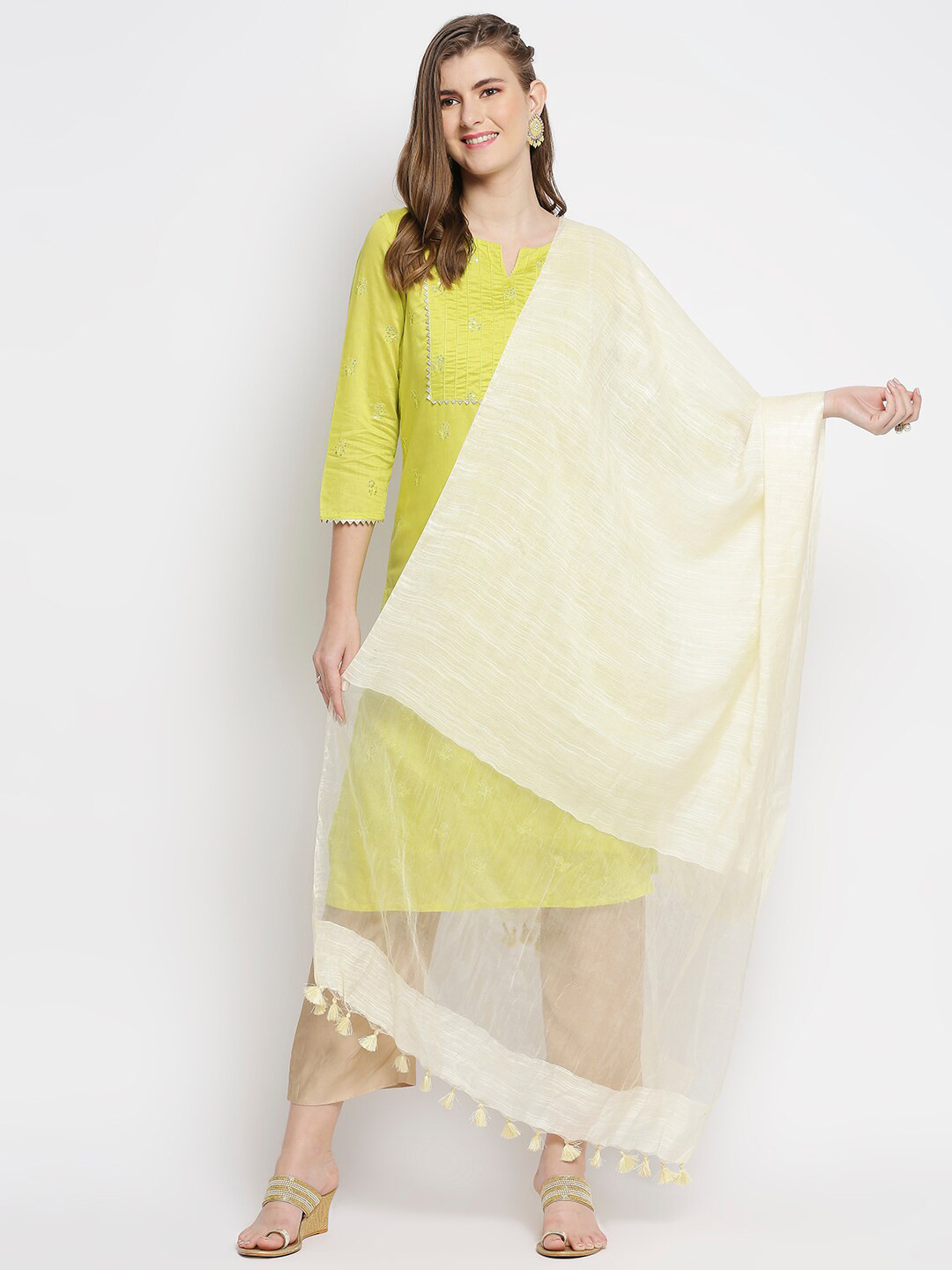 Dupatta Bazaar Cream-Coloured Linen With Organza Border Dupatta
