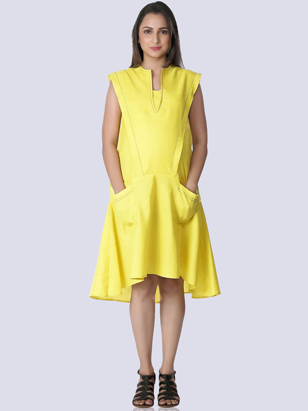 Mom For Sure by Ketki Dalal Yellow Cotton Linen High-Low Maternity A-Line Midi Dress
