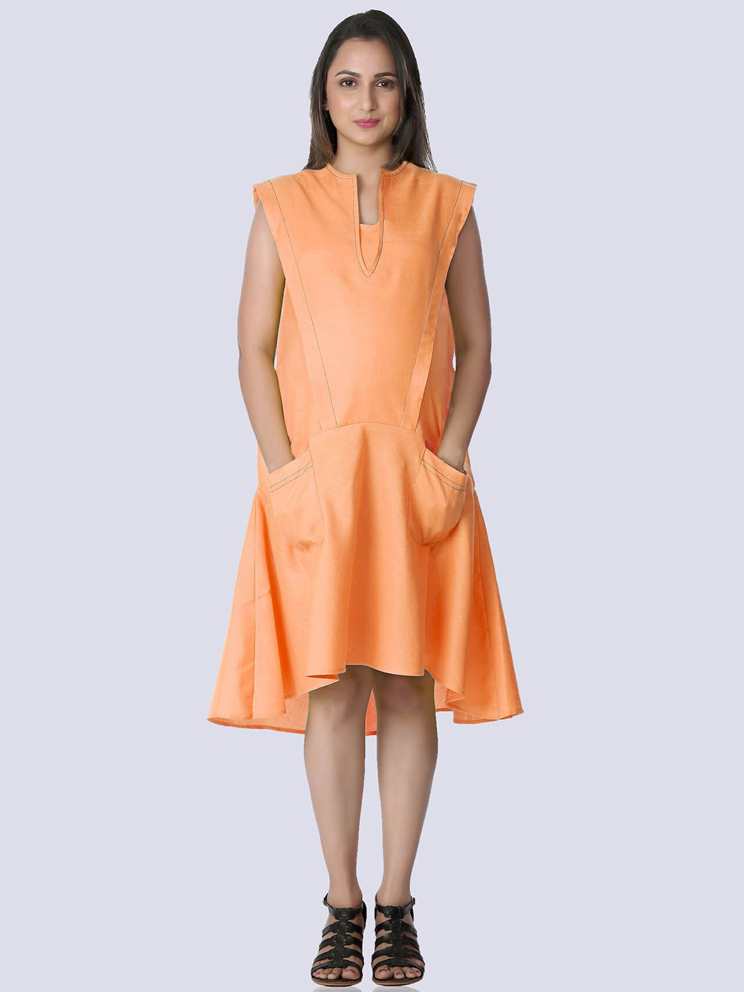 Mom For Sure by Ketki Dalal Peach-Coloured Linen Maternity A-Line Midi Dress