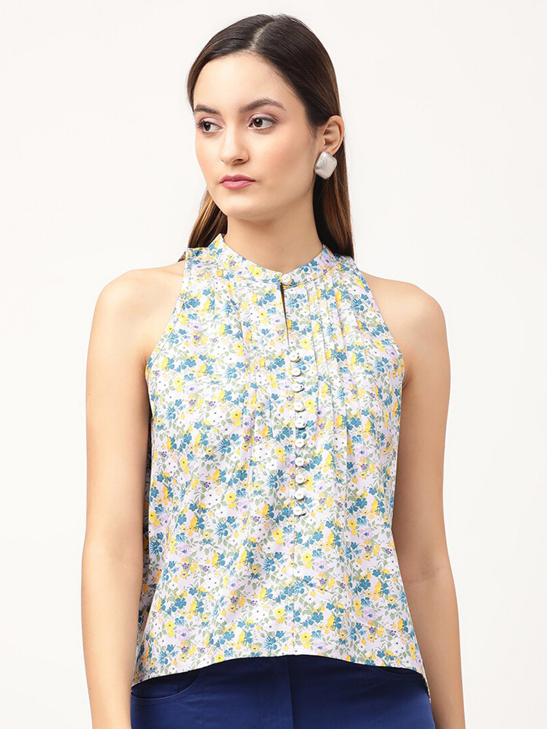 ELLE White & Blue Floral Print Keyhole Neck Top