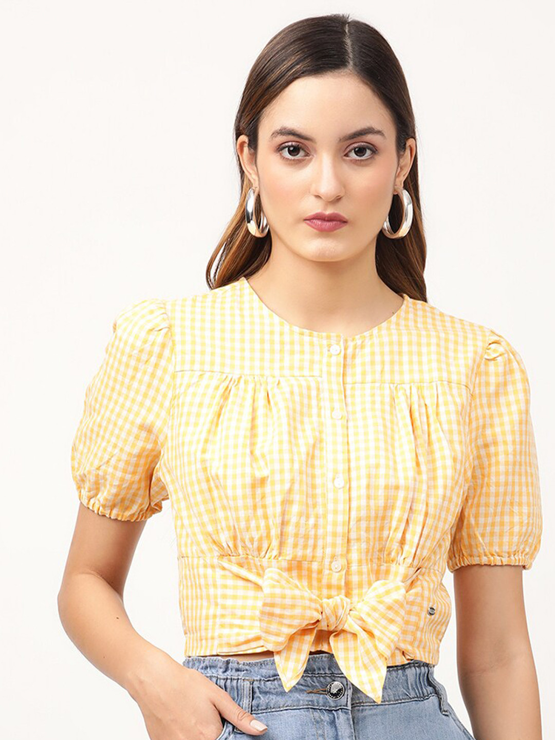 ELLE Yellow Checked Print Top