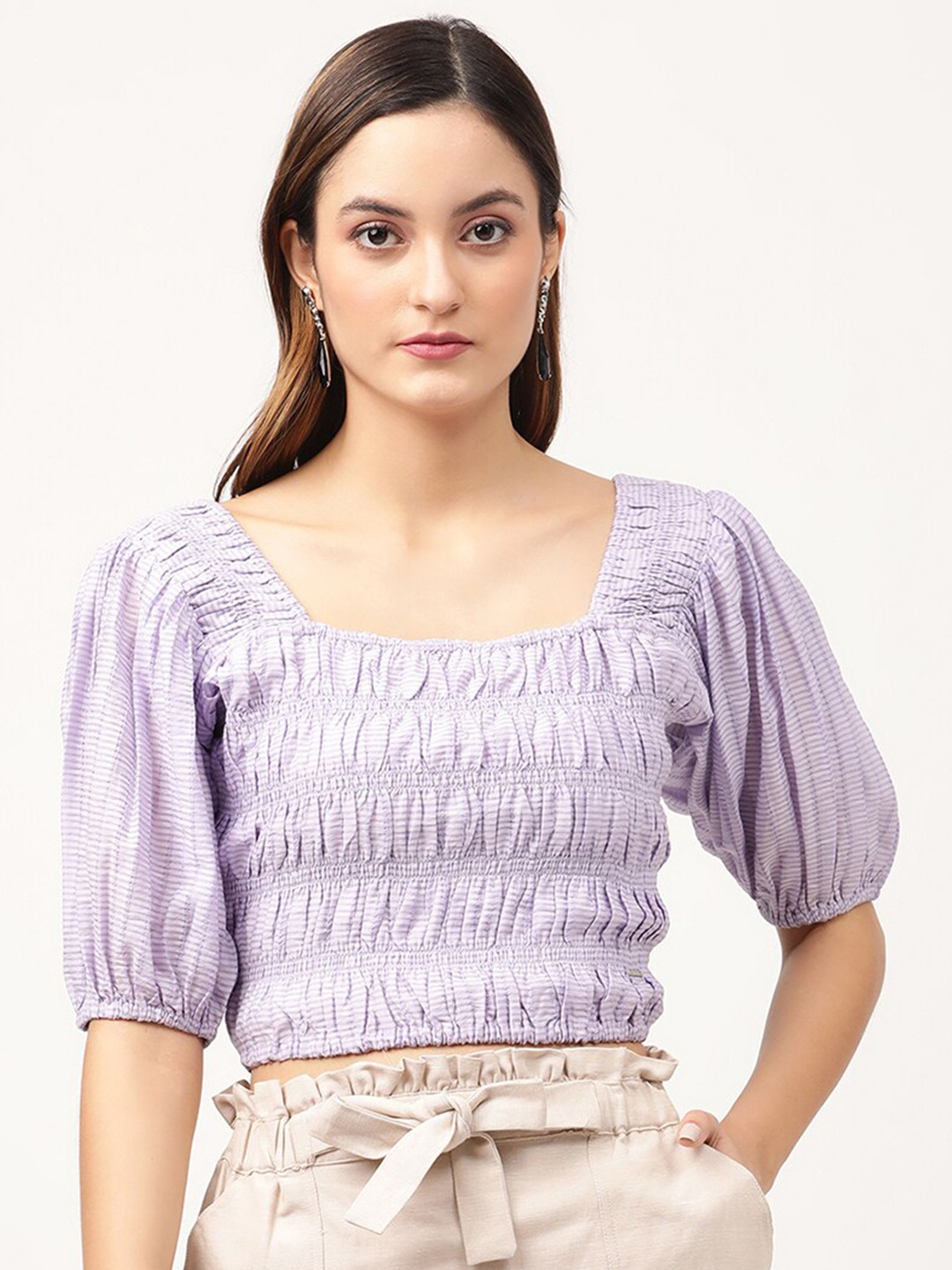 ELLE Purple Striped Smocked Crop Top
