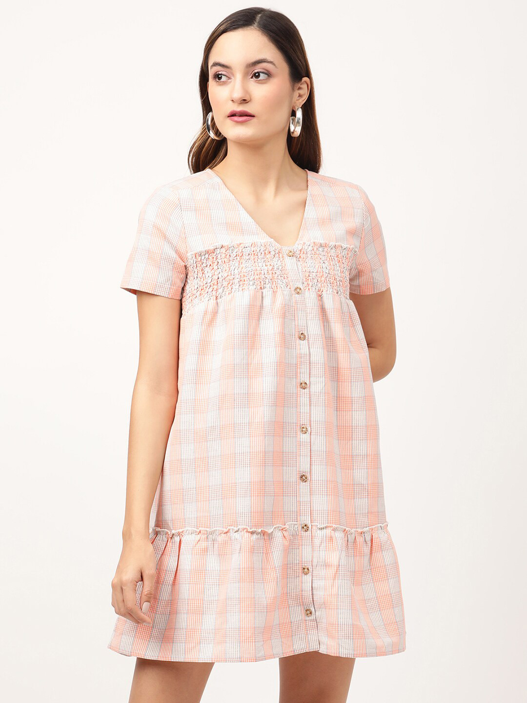 ELLE Peach-Coloured & White Checked V Neck A-Line Dress
