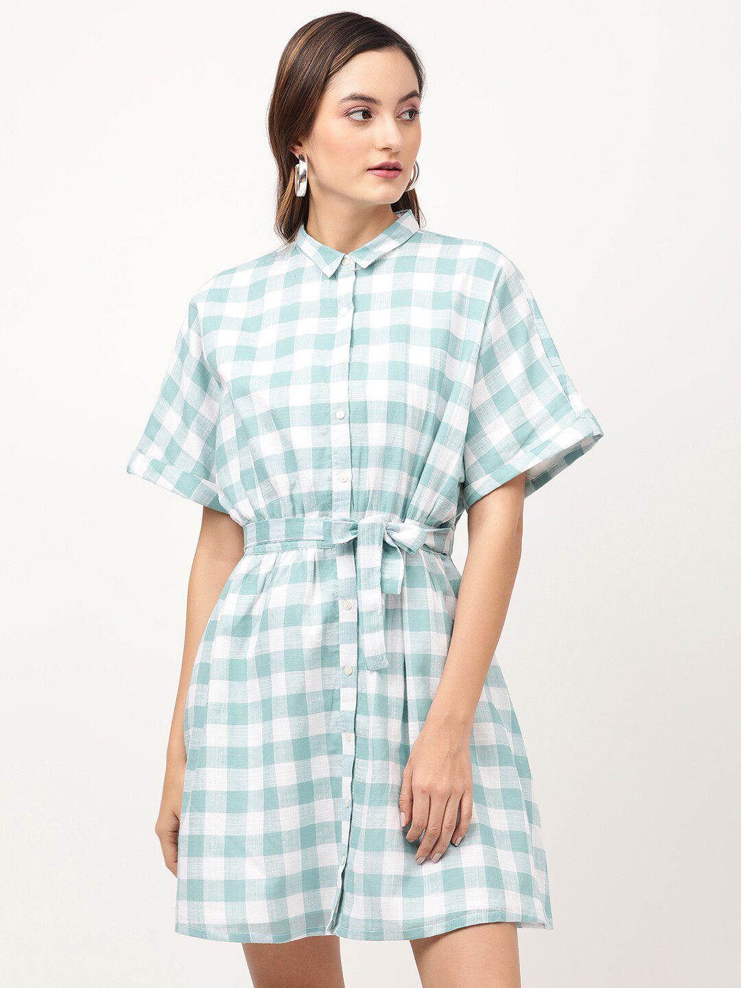 ELLE Blue & White Checked Shirt Dress
