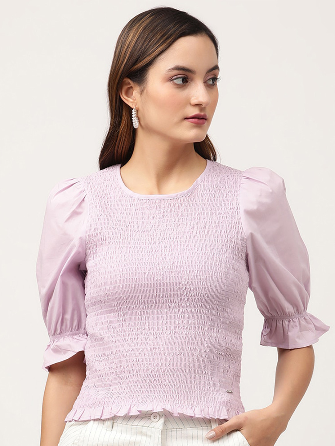 ELLE Women Lavender Solid Puff Sleeve Top
