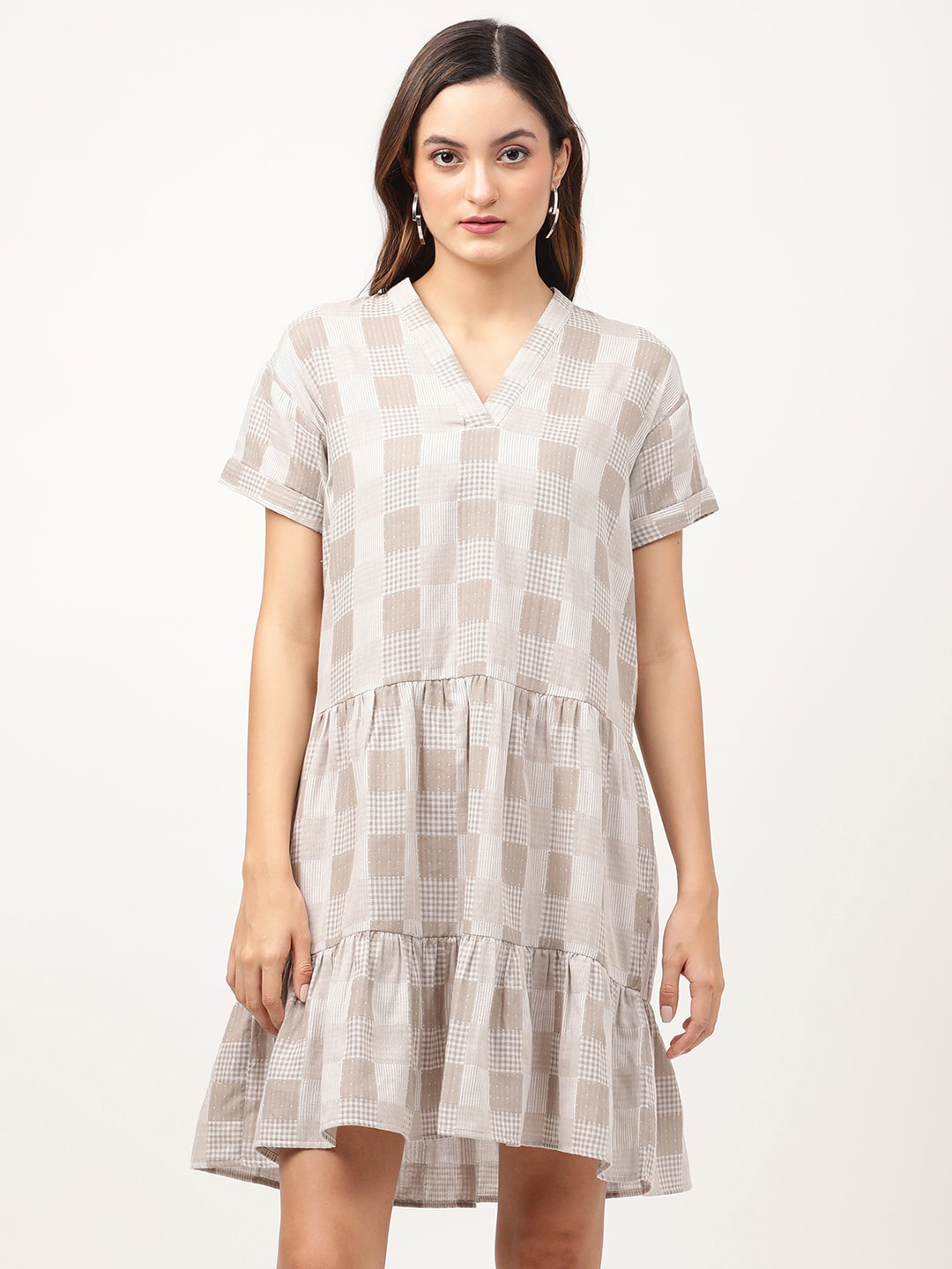 ELLE Grey & Beige Checked Cotton Drop-Waist Dress