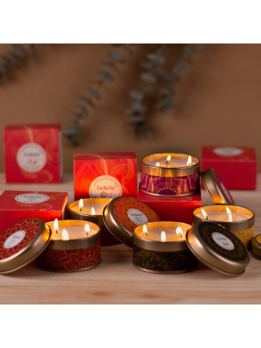 DeBelle Soya Wax 5Pcs Frankincense Myrrh, Temple Bells, Yuzu Rose, Oudh Jasmine, Lavender & Fresh Herbs Jar Candles