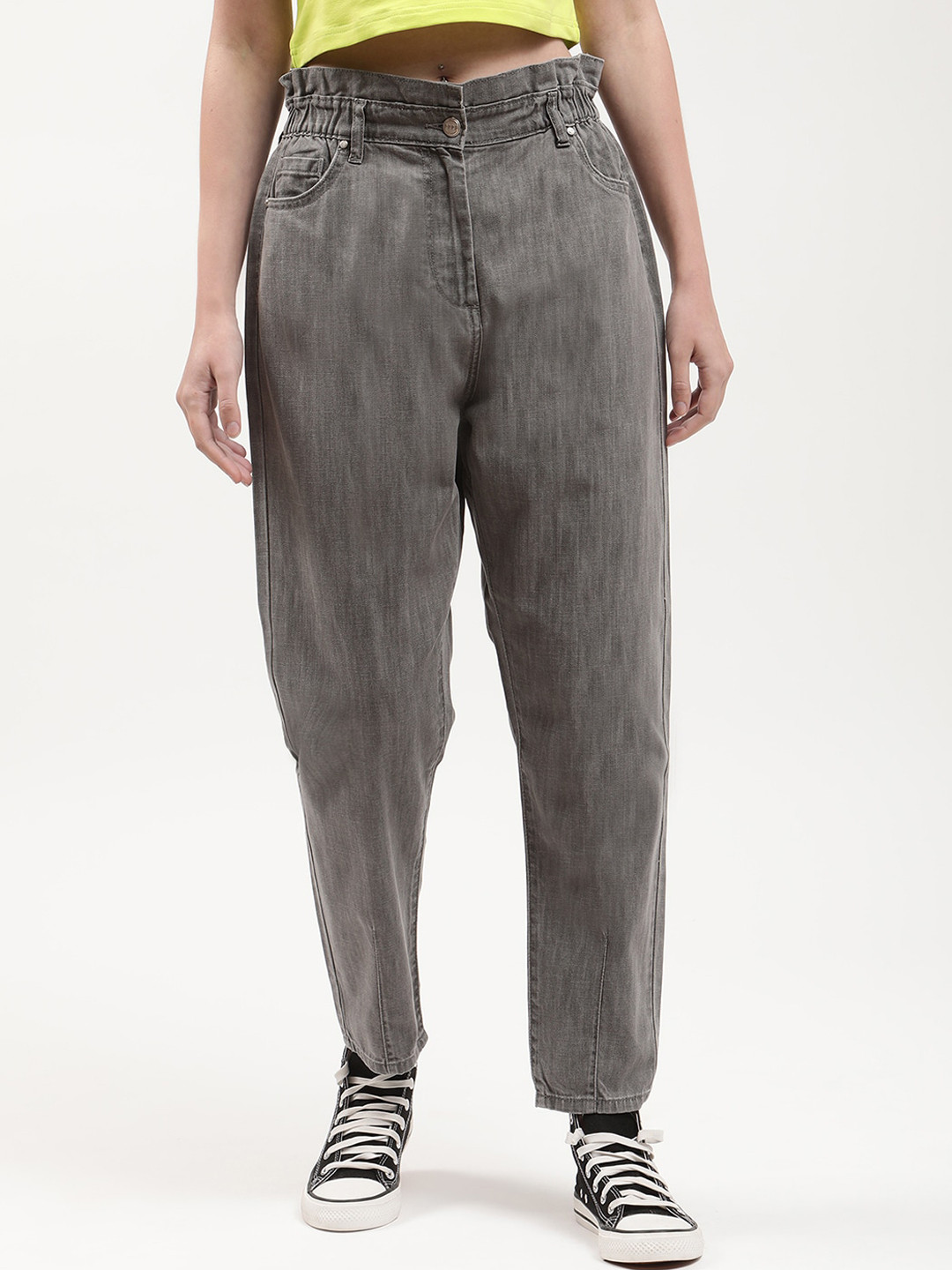 ELLE Women Grey High-Rise Heavy Fade Stretchable Cotton Crop Jeans