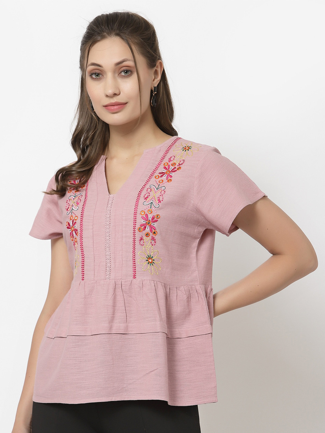Gipsy Pink Linen Embroidered Mirror Work Linen Top