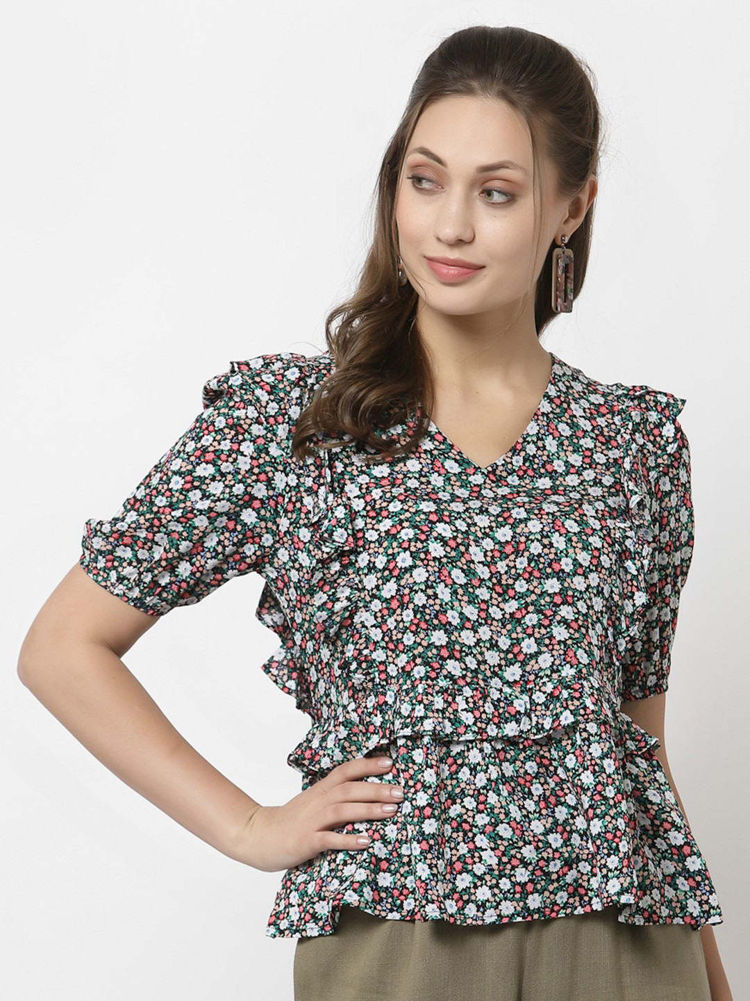 Gipsy Black Floral Print Cinched Waist Top