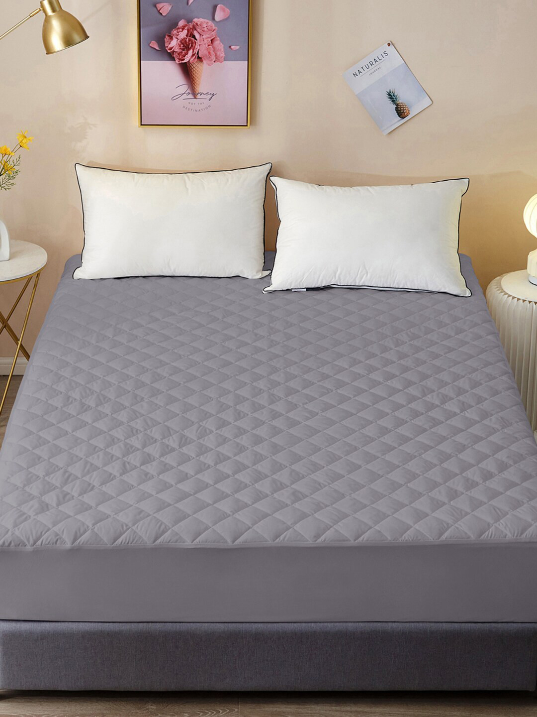 DREAM CARE Grey Solid Cotton Quilted Mattress Protector