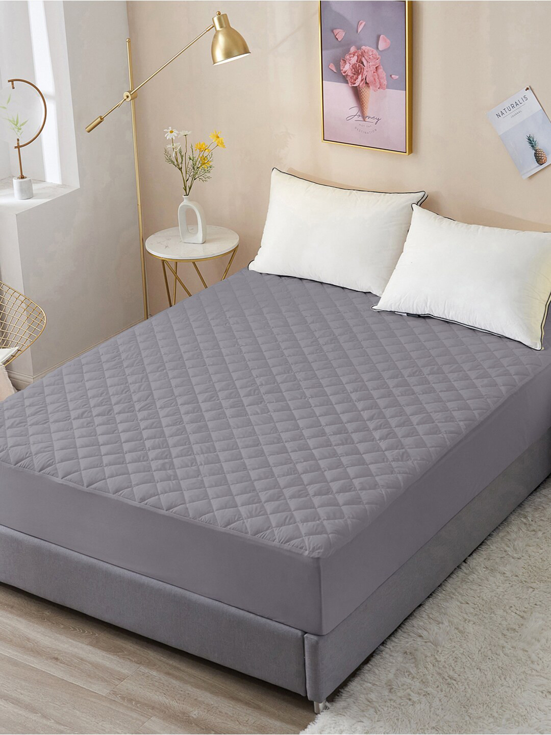 DREAM CARE Grey Solid Cotton Quilted Mattress Protector