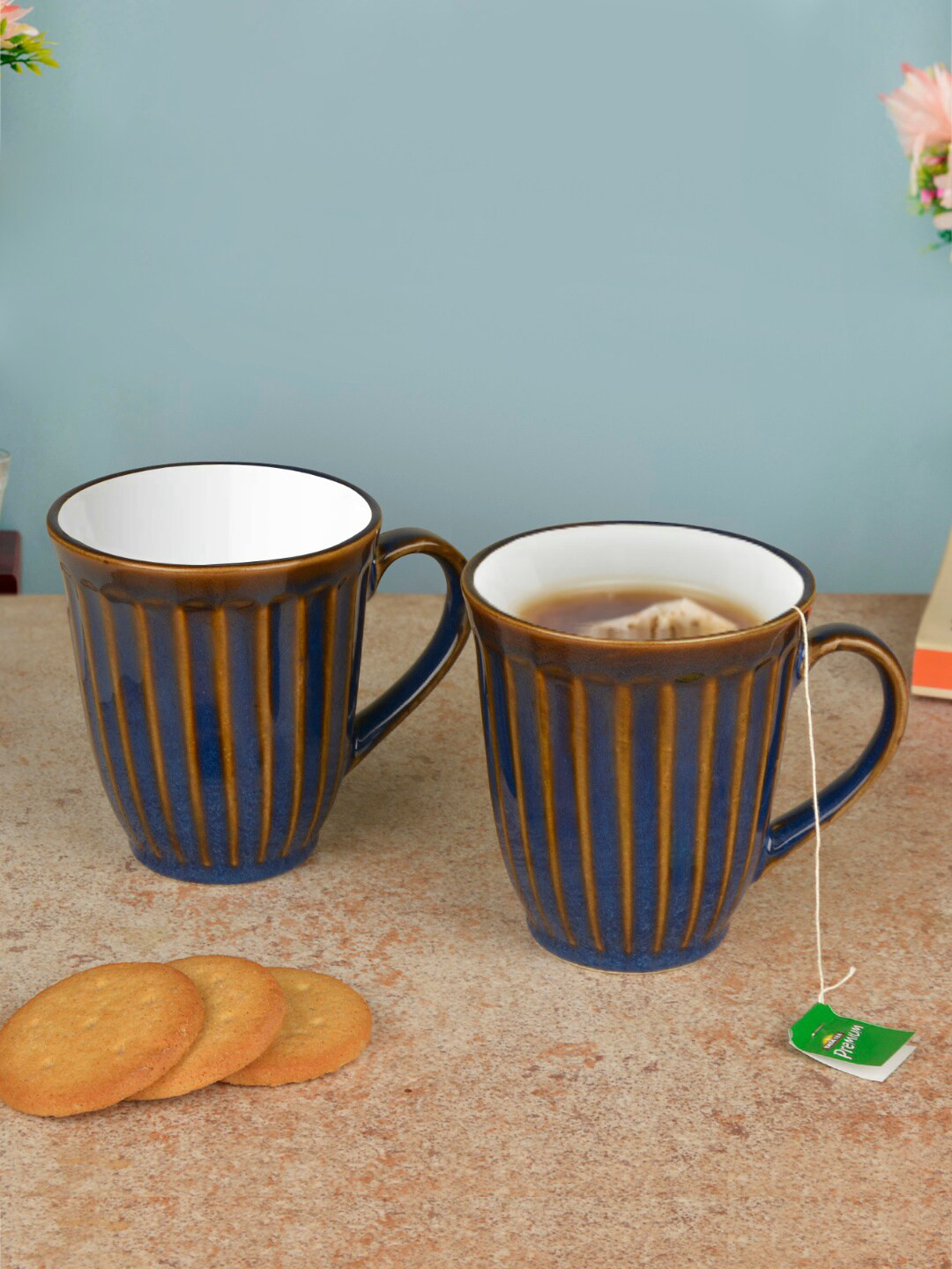StyleMyWay Blue Striped Ceramic Microwave Safe 2 Piece Mugs-300ml