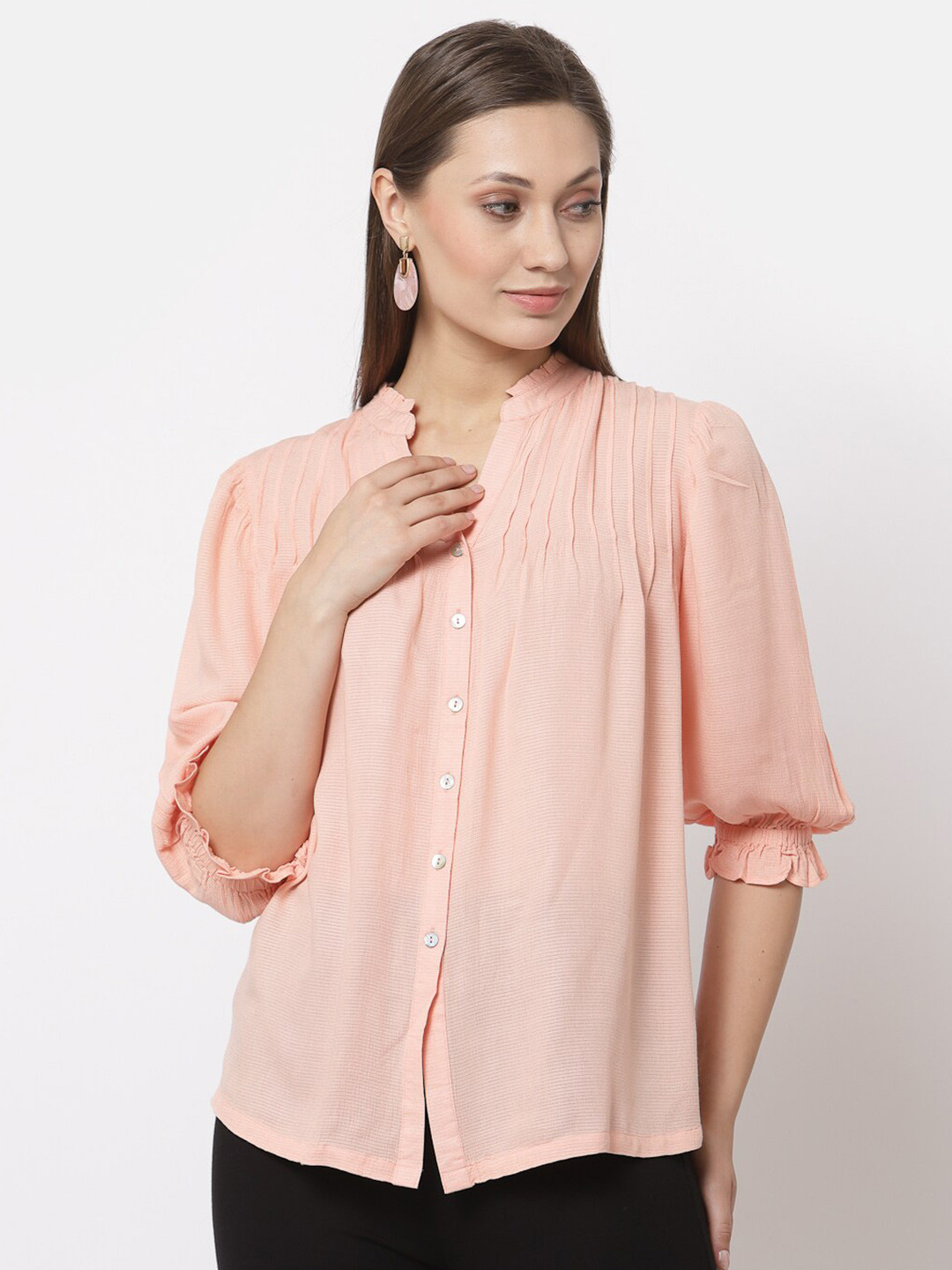 Gipsy Peach-Coloured Mandarin Collar Shirt Style Top